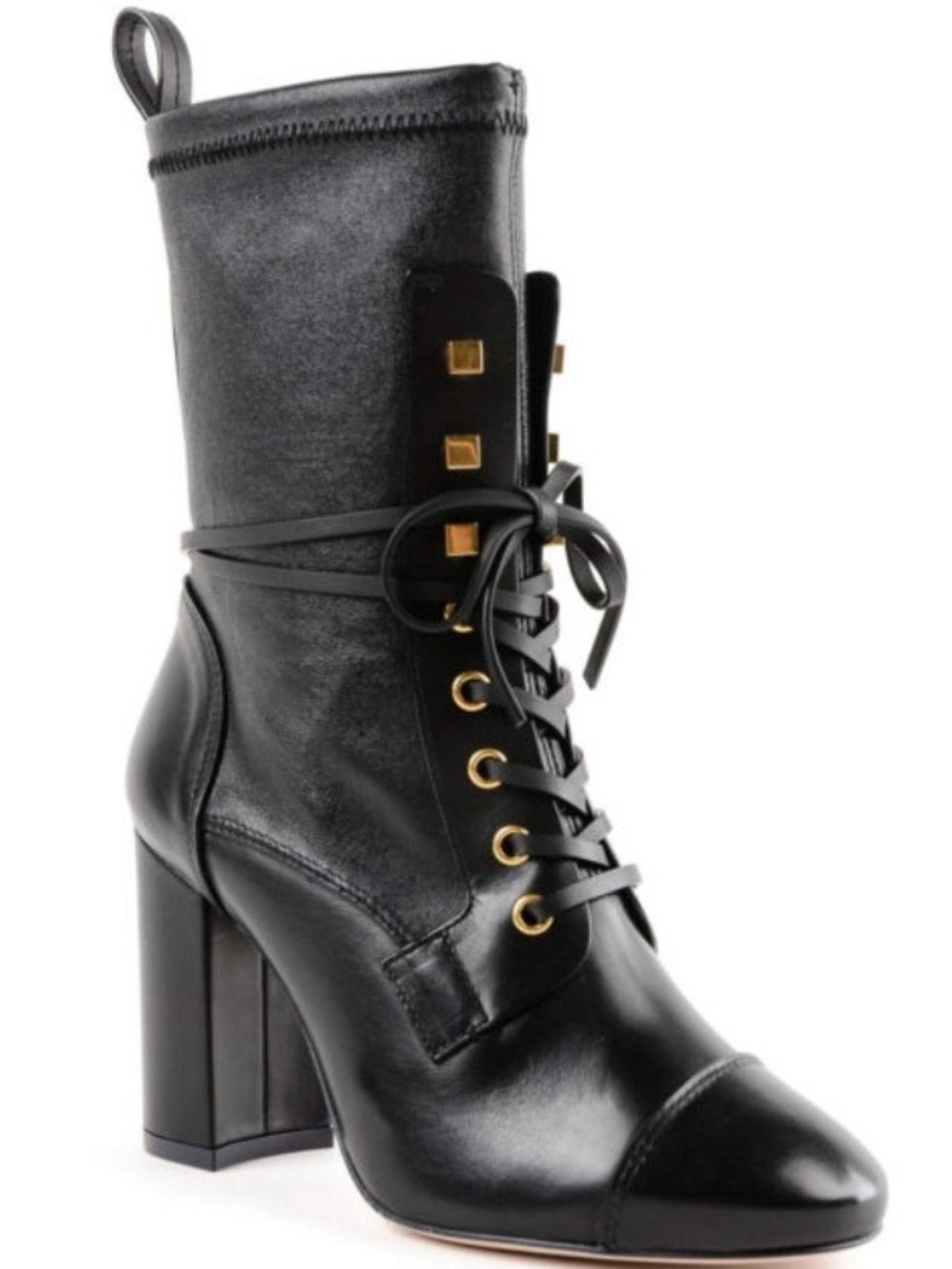Stuart Weitzman Black Leather Lace-Up Block Heel Ankle Boot with Gold Accents